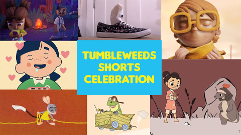 A collage of still images from films included in the 2025 Tumbleweeds Shorts Celebration.