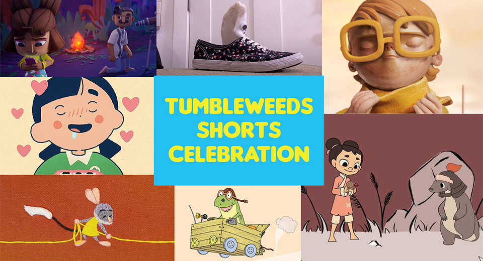 A collage of still images from films included in the 2025 Tumbleweeds Shorts Celebration.